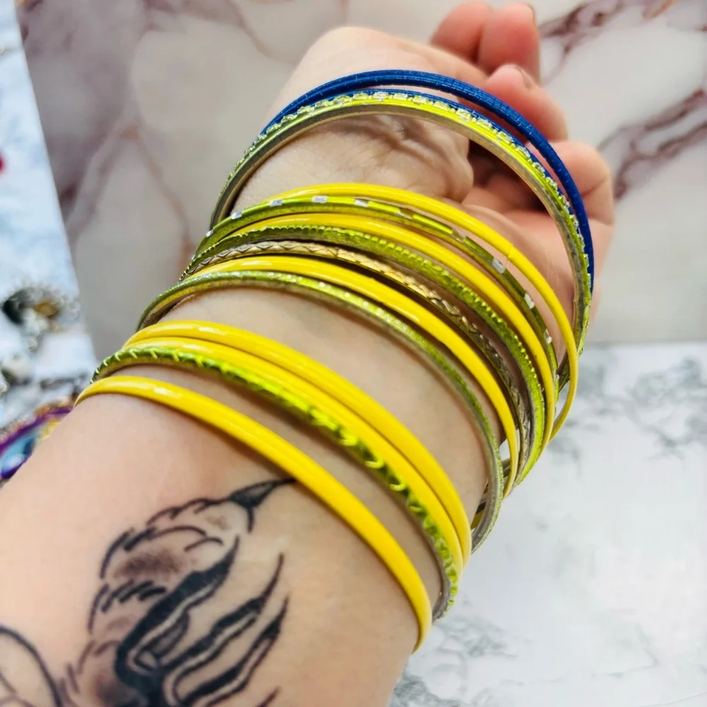Bohemian Green Yellow and Blue Bangle Set of 16